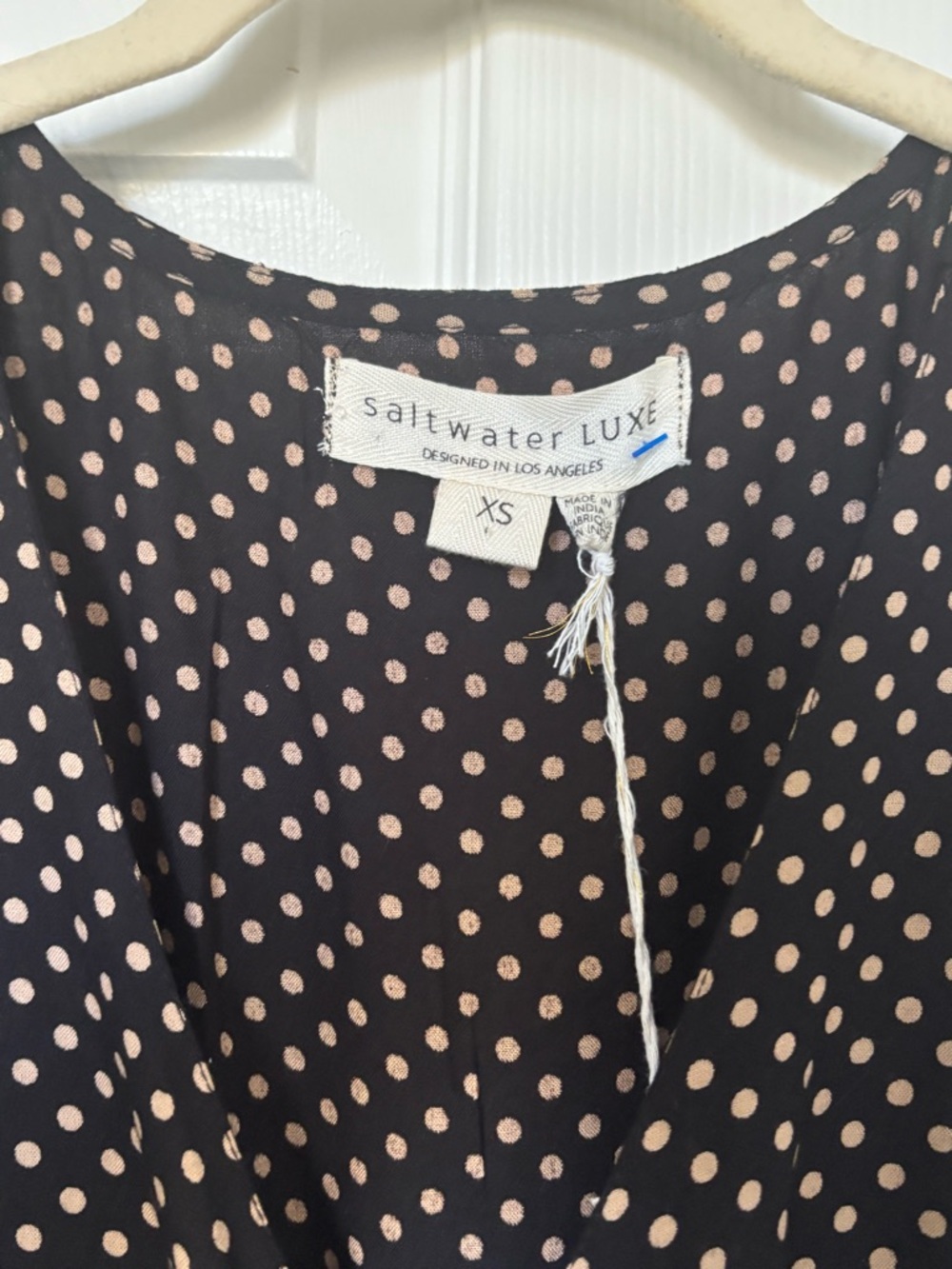 saltwater LUXE Black Mini Dress with Blush Polka Dots